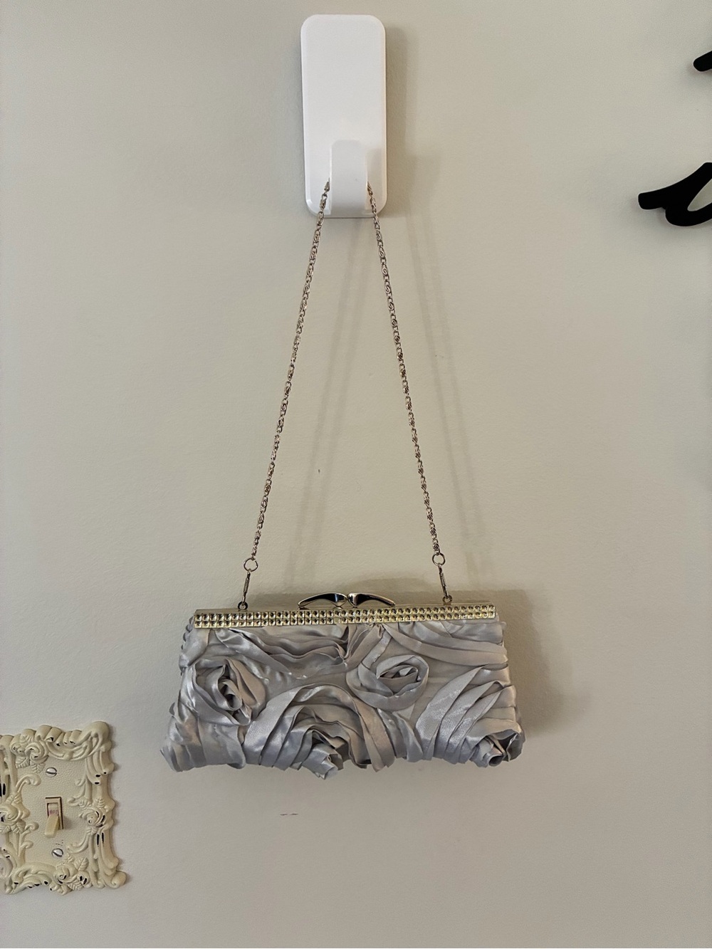 Silver Rosette Satin Evening Clutch